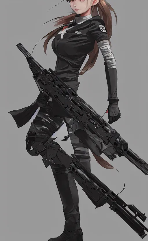 Image similar to highly detailed, high resolution, character design art, stunning, volumetric lightning, realistic guns, girls frontline style, matte, sharp focus, 150mm, illustration, artstation, by kuvshinov ilya, professional finish, realistic anatomy, simple design, single person in the camera view, consistent result