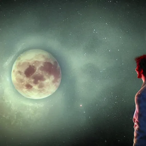 Image similar to gustavo cerati looking at the red moon in the universe, universe, stars, digital art, render unreal engine, highly detailed face, asymmetrical