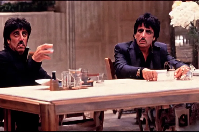 Image similar to tony montana from movie scarface 1 9 8 3 sitting behind a big black oak table with big large packages of flour. al pacino. perfect symmetric face, coherent eyes, medium shot, fine details, 4 k, ron cobb. last scene from scarface movie