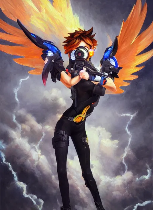 Image similar to oil painting of tracer overwatch in the style of sophie anderson, flying, angel wings, black outfit,