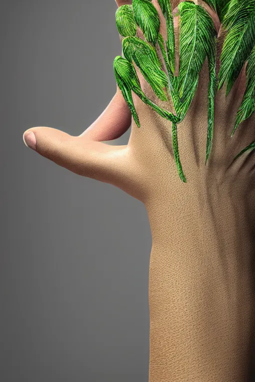 Image similar to hyper realistic beautiful detailed image of a human's palm hand with a tree growing on, white background, photorealistic, 4 k