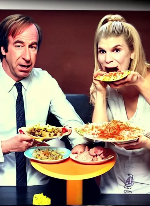 Prompt: polaroid of saul goodman and kim wexler scarfing down food, mukbang, dripping juices, gorging, disgusting