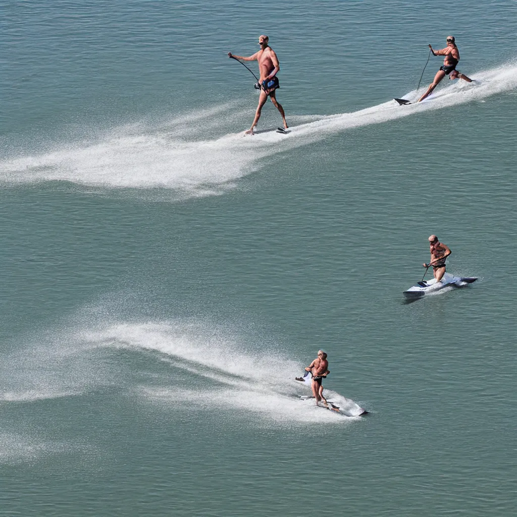 Image similar to a man barefoot water skiing behind a boat