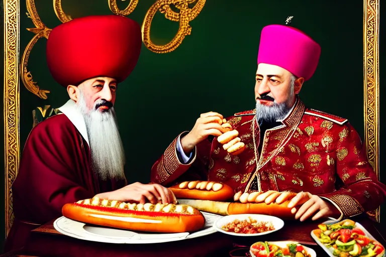 Image similar to Ottoman Sultan Mehmet IV eating a delicious hot dog, wearing big ovular turban and a luxurious Ottoman coat, mid-shot, cold lighting, photography from Vogue Magazine, neat, precise, realistic, detailed facial features, expressive, photorealistic, hyperrealism, micro details, HDR Shot, in the style of Martin Schoeller