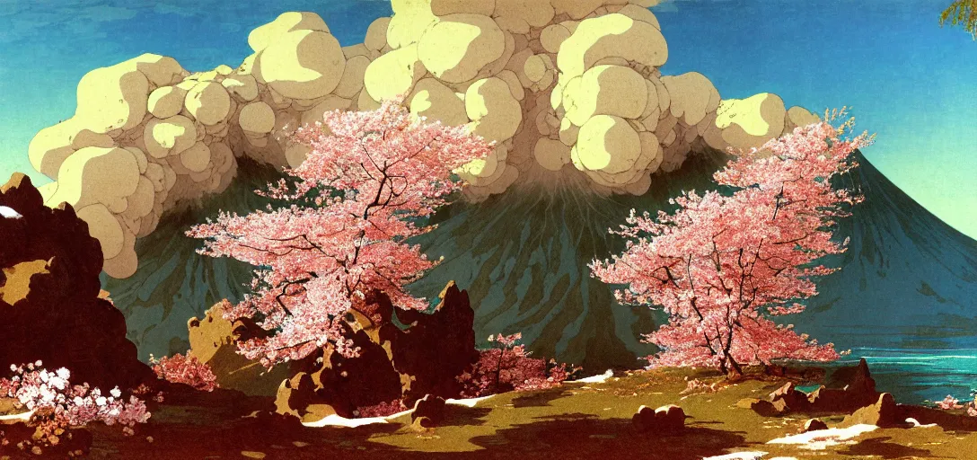 Image similar to ghibli illustrated background of a volcano erupting lava in a strikingly beautiful snowy landform with strange rock formations and red water, and cherry blossoms by vasily polenov, eugene von guerard, ivan shishkin, albert edelfelt, john singer sargent, albert bierstadt 4 k