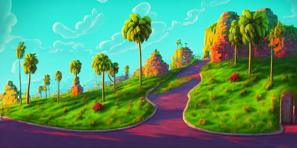 Image similar to curled perspective digital art of curly clouds cobblestone street with wildflowers to a casino in top of a hill with curly palmtrees by anton fadeev from nightmare before christmas