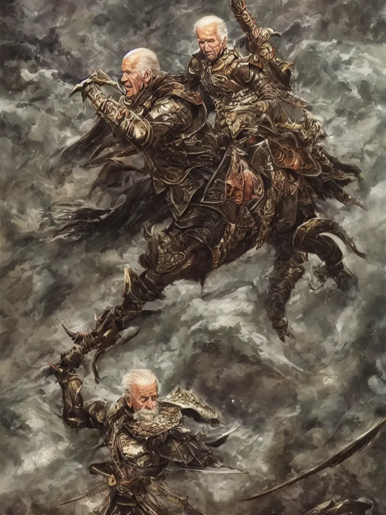 Image similar to Joe Biden as a fantasy adventurer, full body portrait, dynamic pose, oil painting by Noriyoshi Ohrai