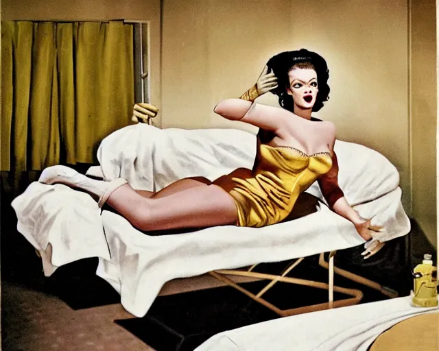 Image similar to phtorealistic modern 1 9 5 0 s style pin up of the bride of frankenstein posing in a bed in the room of a sanatarium, full body, campy color scheme, realistic, center, smooth, golden ratio, detailed, gil elvgren, earl moran, joyce ballantyne