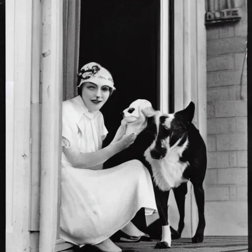 Image similar to a vintage snapshot from the 1 9 2 0 s shows a pale - skinned archduchess with shoulder - length white hair posing with her dog, a jack russell terrier, outside an open window. she wears a fancy white shirt with a big bowtie, along with a dark - colored skirt. she wore her wristwatch over the cuff of her blouse in the manner of gianni agnelli.