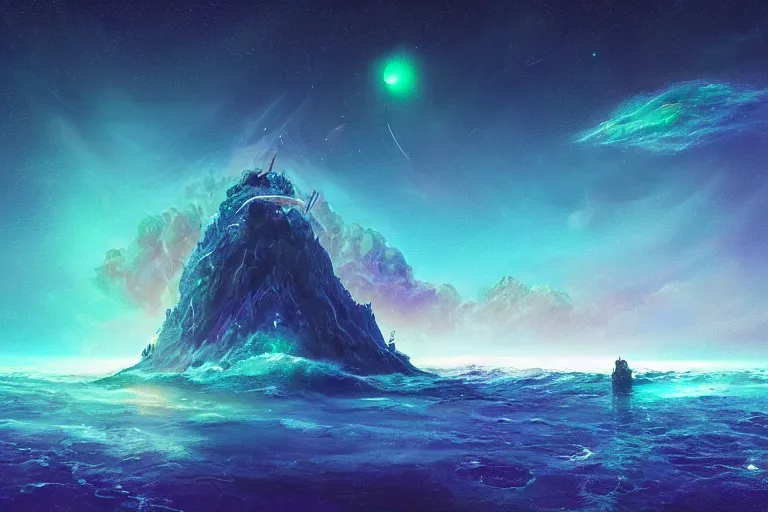 Image similar to surreal fantasy glitchwave painting, the night sky is an upside down ocean, the stars are fish in the depths, the night sky is a sea, distant nebula are glowing algae, the moon is an anglerfish by jessica rossier