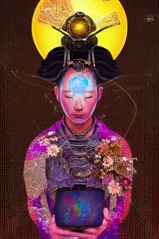 Image similar to opalescent retrofuturistic digital airbrush illustration of a samurai wearing an ornate microprocessor headpiece and holding a flower with a map of the collective subconscious in the background by luigi patrignani