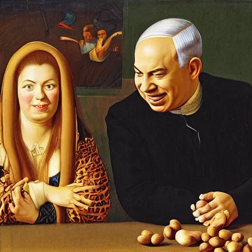 Image similar to painting of Benjamin Netanyahu shielding himself with his arms as Sara Netanyahu is throwing peanuts at him in a crouched position, by Jan Van Eyck