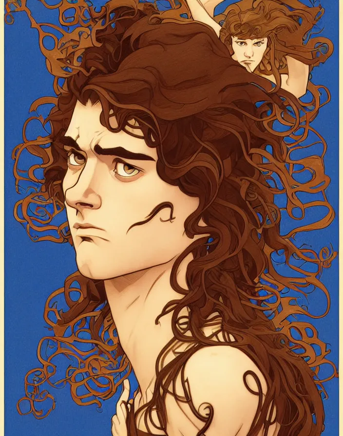 Image similar to art nouveau portrait of a young super hero with curly light brown hair, brown eyes, serious facial expression, gloomy mood, angry, t - shirt, natural lighting, path traced, highly detailed, high quality, cartoon, digital painting, by don bluth and ross tran and studio ghibli and alphonse mucha