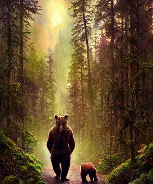 Image similar to a realistic brown bear, walking through a psychedelic forest, wide angle landscape shot, pixar style by tristan eaton, artgerm and tom bagshaw