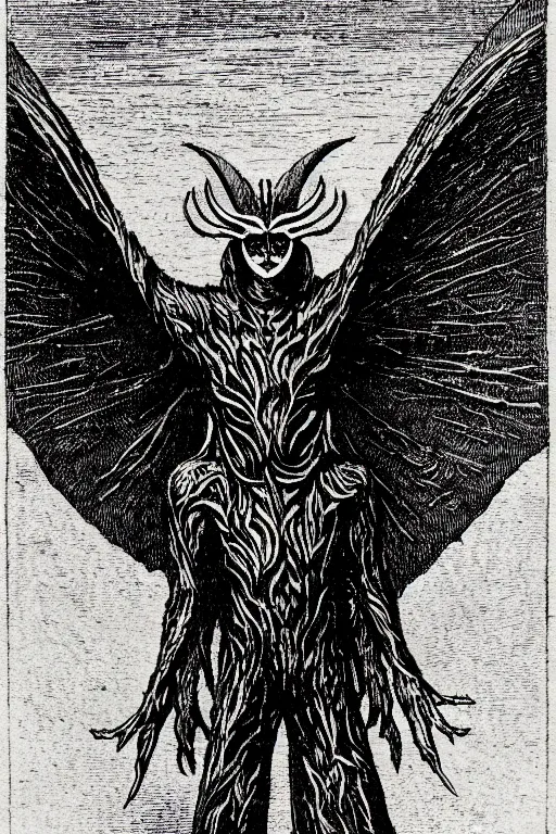 Prompt: mothman, as a demon from the dictionarre infernal, pen - and - ink illustration, etching by louis le breton, 1 8 6 9, 1 2 0 0 dpi scan, ultrasharp detail, hq scan, intricate details, stylized border