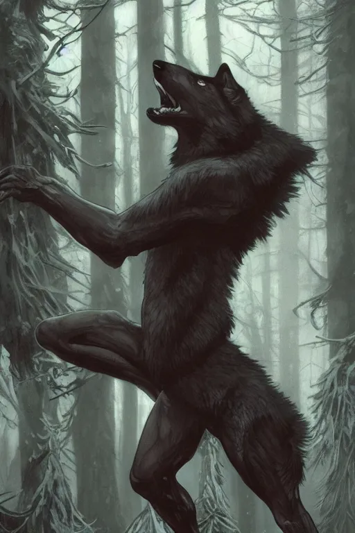 Image similar to full figure beautiful young fit antrophomorphic male wolf, bared teeth and long claws, frozen scene, by greg rutkowski and alphonse mucha, d & d character, gradient black to silver, in a forest at night, highly detailed portrait, digital painting, artstation, concept art, smooth, sharp focus illustration, artstation hq