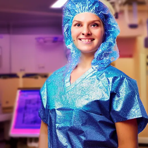 Image similar to A high resolution photograph of a surgeon standing in an operating room, surrounded by new technology and glitter, infused with lightning, very aesthetic, surgical gown and scrubs on, full length, exquisite detail, post-processing, masterpiece, cinematic, 8k, magazine cover