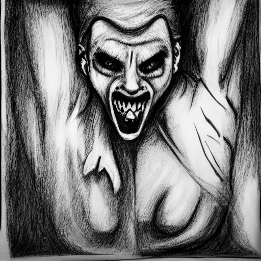 Image similar to a scary horror themed screaming woman, drawn with charcoal and pen and ink, half-tone-line-stacking