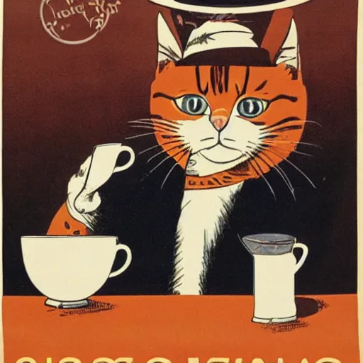 Prompt: british cat sipping on tea, propaganda poster