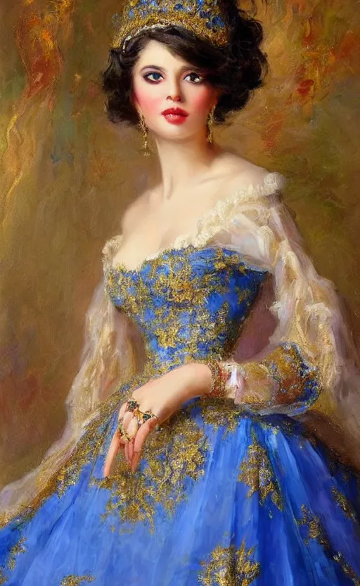 Image similar to Elegant laydy in blue baroque dress with gold ornaments. By Konstantin Razumov, highly detailded