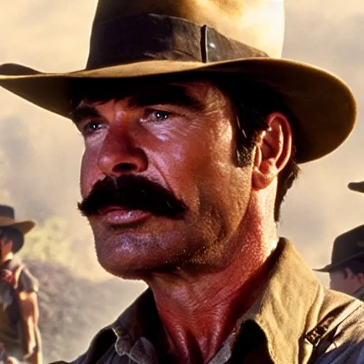 Prompt: A still of Tom Selleck as Indiana Jones from Raiders of the Lost Ark. Extremely detailed. Beautiful. 4K. Award winning.