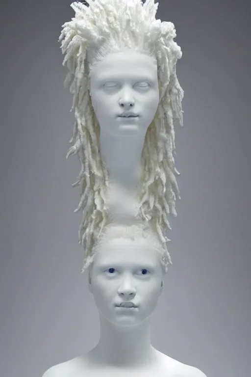 Image similar to full head and shoulders, beautiful female porcelain sculpture by daniel arsham and raoul marks, smooth, large hair is solid gold, all face features are white, on a white background, delicate facial features, white eyes, white lashes, detailed white, lots of 3 d giant axolotls on the head