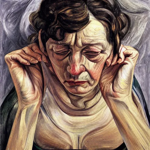 Prompt: Oil painting Portrait of a sad Woman resting, by Lucian Freud, Abstract brush strokes, Masterpiece