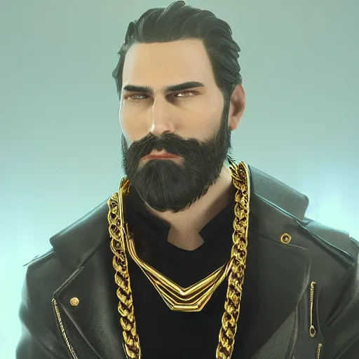 Prompt: a highly detailed full-length man with dark brown short hair, a dark beard, in black leather clothes, with a gold chain and a gold belt, artstation, DeviantArt, professional, octane render