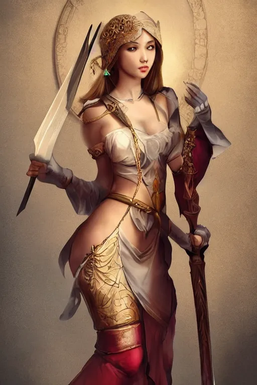 Image similar to digital art of a pretty girl with a long sword in her hands. detailed body, medieval theme, pretty lighting, detailed face, sharp focus, intricate details