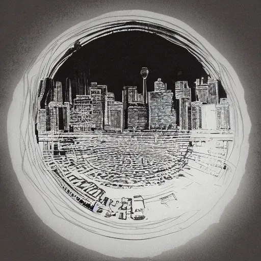 Image similar to a perfect circle where the inside is empty blank space and around the outer edge of the circle is the silhouette of a city skyline, black and white, minimalist, in the style of a charcoal drawing, made by david mellen