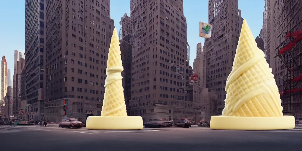 Prompt: a giant ice cream cone sculpture in the center of a new york street, by Claes Oldenburg, pop art, oil painting, matte painting, black background, Volumetric dynamic lighting, Highly Detailed, Cinematic Lighting, Unreal Engine, 8k, HD