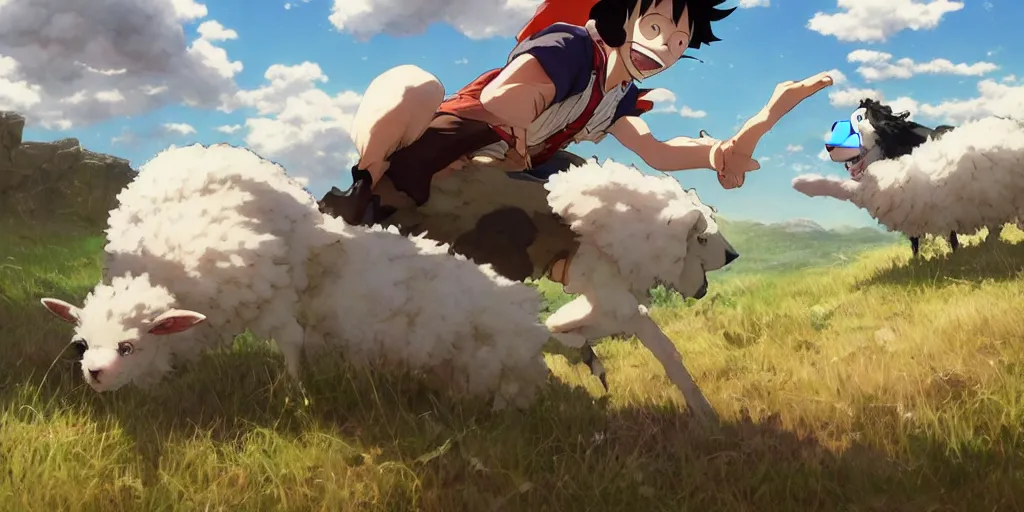 Prompt: border collie chasing sheep on feld nime key visual of luffy studio lit directed gaze, trending on pixiv fanbox, painted by greg rutkowski makoto shinkai takashi takeuchi studio ghibli