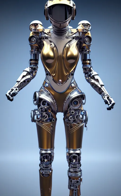 Prompt: ornate beautiful hourglass feminine titanium cyborg in full body skin space suit, helmet, concept art, joshua rife, photoshoot, intricate, highlydetailed, space background, artstation 4 k raytracing, shadows, highlights, illumination