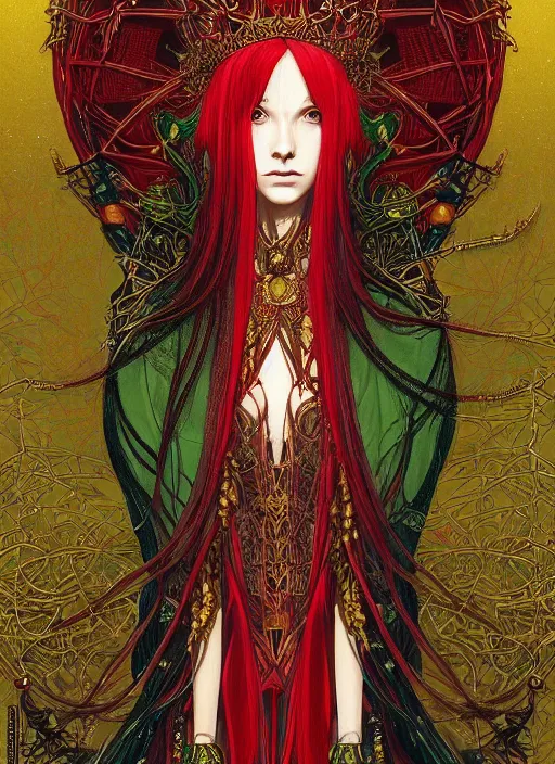 Image similar to a painting of a beautiful cyberpunk elven queen with long red hair, wearing green, red and gold ornate dress, golden intricate crown. detailed symmetrical full body portrait, intricate complexity, concept art, by takato yamamoto, makoto shinkai. cinematic dramatic atmosphere, sharp focus