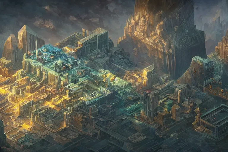 Prompt: an intricate matte painting of an epic galactic isometric megadungeon map played by the gods, iridescent light bouncing off magical d20, by Christophe Vacher and Bastien Lecouffe-Deharme, trending on artstation