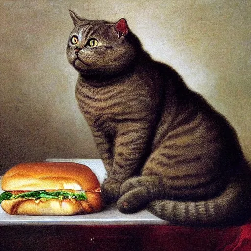 Prompt: A British Shorthaired cat eating a large sandwich with his paws. Portrait painting by Rembrandt