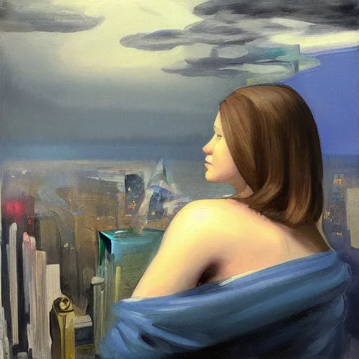 Image similar to “ a girl looking down at a futuristic new york city below, ghostpunk, detailed face, oil painting, stormy sky, by george bellows and edward hopper ”