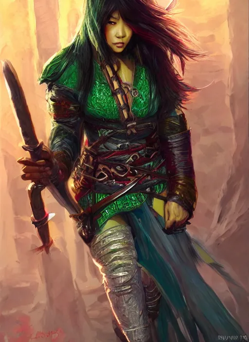 Prompt: hair curtain asian assassin rogue looking down, dndbeyond, bright, colourful, realistic, dnd character portrait, full body, pathfinder, pinterest, art by ralph horsley, dnd, rpg, lotr game design fanart by concept art, behance hd, artstation, deviantart, hdr render in unreal engine 5