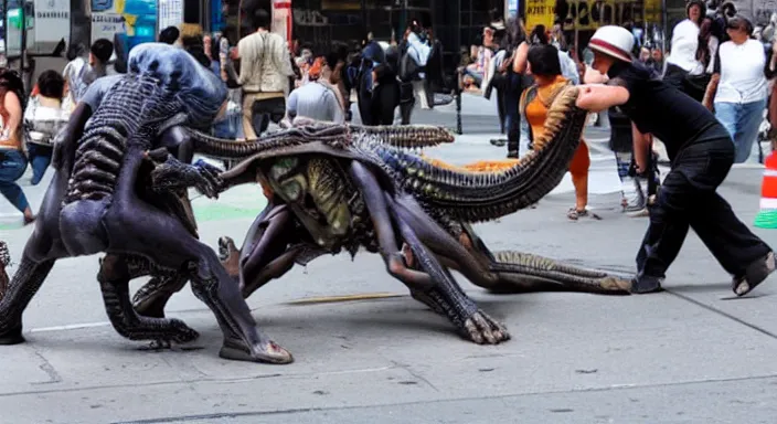 Prompt: aliens attacking on people on the streets of new york.