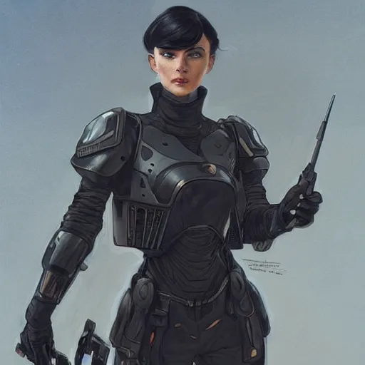 Image similar to woman dressed in scifi military uniform and armor with black hair and blue eyes, elegant, digital illustration, detailed, intricate, sharp focus, digital painting, deep focus, digital painting, artstation, concept art, matte, art by artgerm and greg rutkowski and alphonse mucha