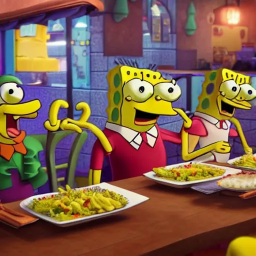 Image similar to hyperrealistic!! spongebob!! eating at the krusty krab, stunning 3 d render inspired by stephen hillenburg, perfect symmetry, dim volumetric cinematic lighting, 8 k octane comprehensive render, extremely hyper - detailed attributes & atmosphere, intricately proportional, realistic flesh texture, masterpiece, artstation, stunning,