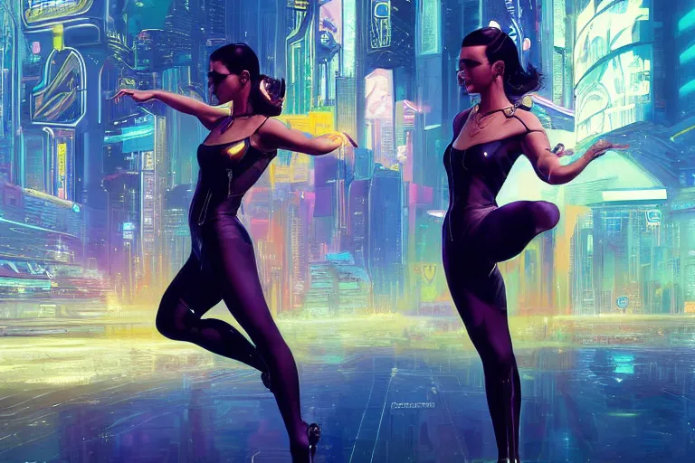 Prompt: a dancer wears futuristic clothes and she dances in a swirling wind by greg hildebrandt, style of cyberpunk 2 0 7 7, trending on artstation