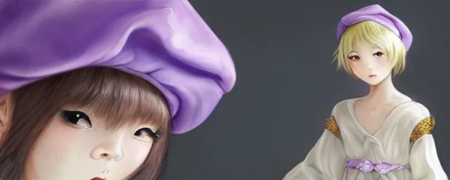 Image similar to Full View of a mysterious kpop fairy maidens with short blond hair wearing an oversized purple Beret, Baggy Purple overall shorts, Short Puffy pants made of silk, silk shoes, a big billowy scarf, Golden Ribbons, white leggings Covered in stars. Short Hair. peasant magic. masterpiece 4k digital illustration by Ruan Jia and Mandy Jurgens and Artgerm and william-adolphe bouguereau, award winning, Artstation, art nouveau aesthetic, Alphonse Mucha background, intricate details, realistic, panoramic view, Hyperdetailed, 8k resolution, intricate art nouveau, smooth, sharp focus