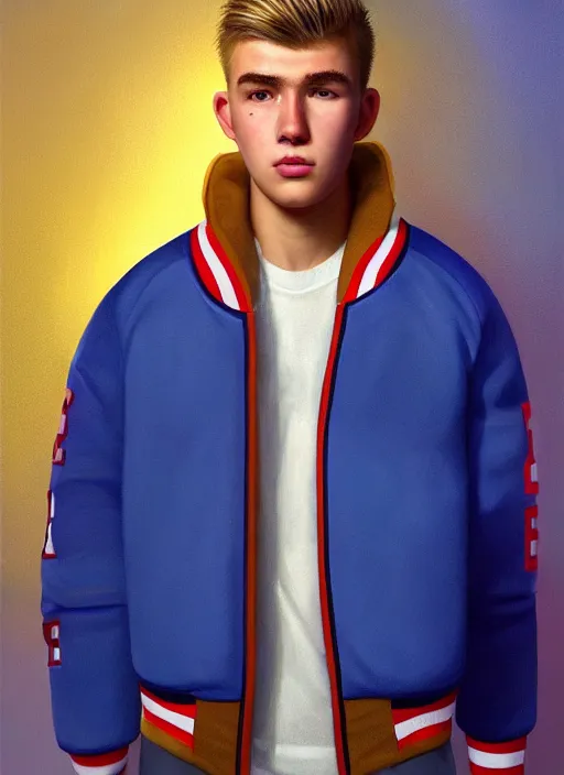 Image similar to portrait of high school senior boy named big moose, blonde short hair, jock, beefy, wide face, square jaw, square facial structure, blue varsity jacket with letter r, intricate, elegant, glowing lights, highly detailed, digital painting, artstation, concept art, sharp focus, illustration, art by wlop, mars ravelo and greg rutkowski