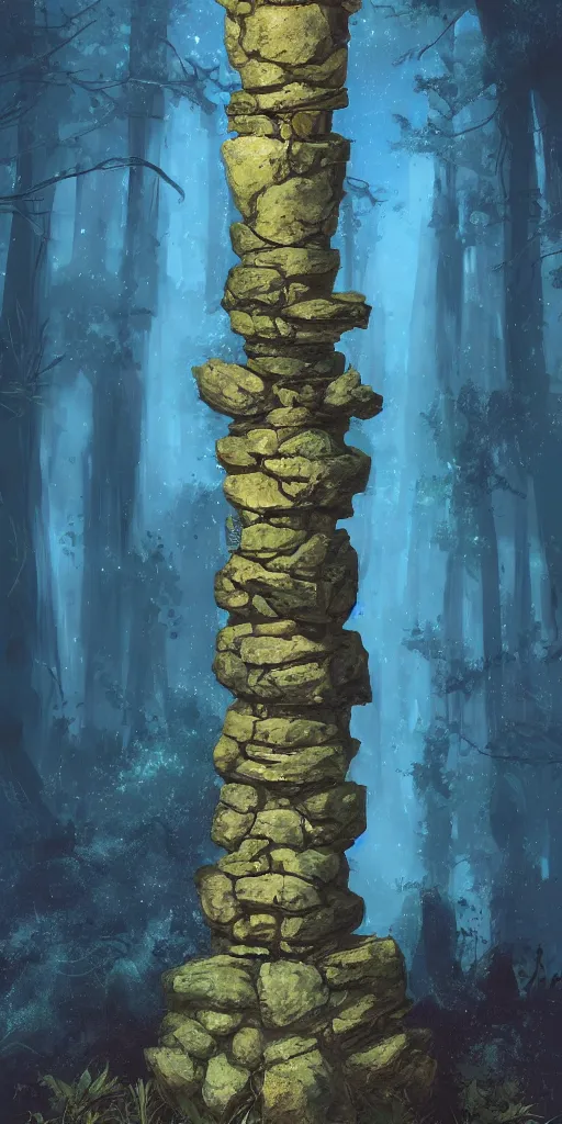 Prompt: a stone pillar standing forgotten in a forest. above the canopy the sky is full of stars. symmetrical composition. digital painting. detailed concept art. colourful. fantasy art. dramatic lighting.