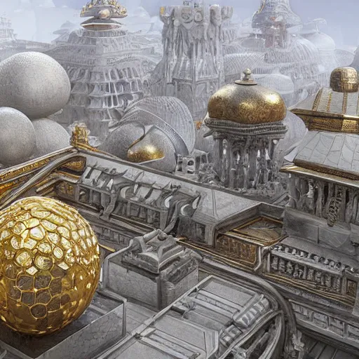 Image similar to hyper detailed hardsurface modelled 3 d geometry, houdini destruction of aminimalist design temple, tarnished gold sphere is far far in the distance, deep perspective, wide angle, insanely detailed and intricate,, eal, gold, silver red, paradise hospital environment,