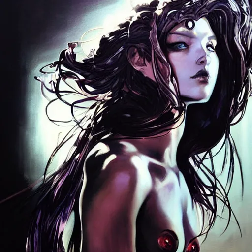 Prompt: a dramatic side portrait painting of a medusa. her face is covered by a veil, and light is glowing. art by yoji shinkawa and sandra chevrier, trending on artstation, award - winning, perfect composition.