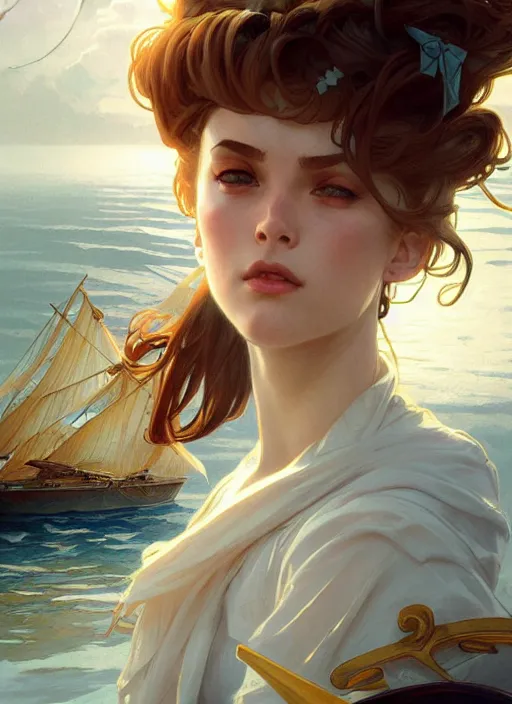 Image similar to sailor on its boat, fantasy, highly detailed, digital painting, artstation, concept art, wallpaper, smooth, sharp focus, illustration, art by artgerm and greg rutkowski and alphonse mucha