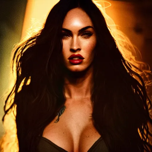 Image similar to portraite of megan fox dark atmosphere, cinematic shot, intricate, ornate, photorealistic, ultra detailed, realistic, 35mm, photography, neon, octane, high definition, depth of field, bokeh, 8k, artstation, ((alphonse mucha))