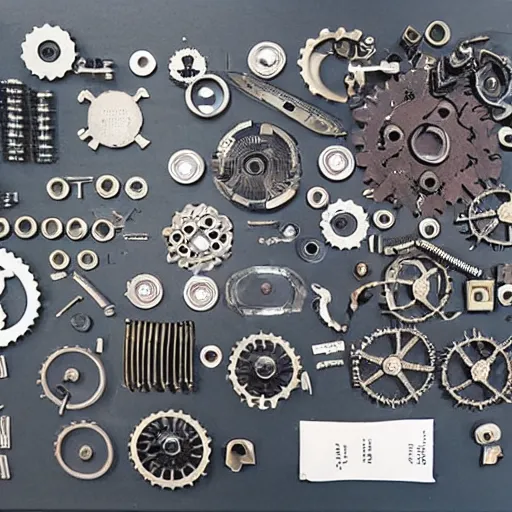 Prompt: knolling cogs and machine parts and a robotic beetle dissected